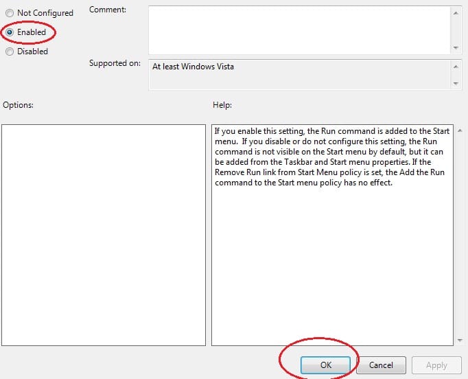 Enable Run on Start Menu