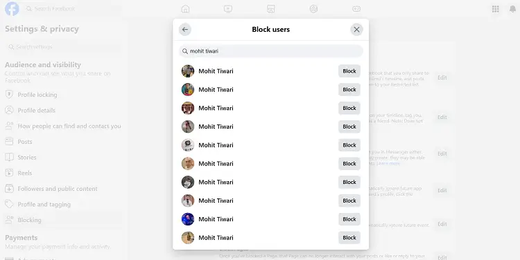 Block on Facebook from settings