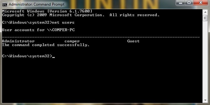 Command prompt screen with net users command