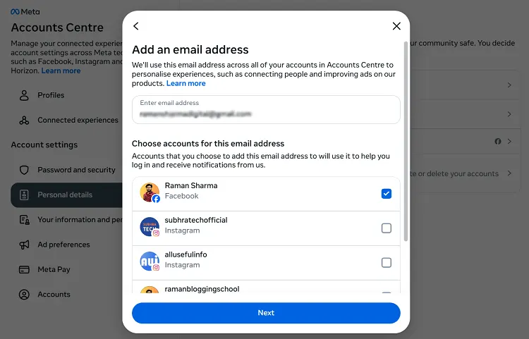 Enter new email address to add to your Facebook account