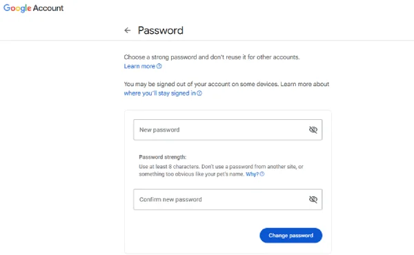 Google account password change