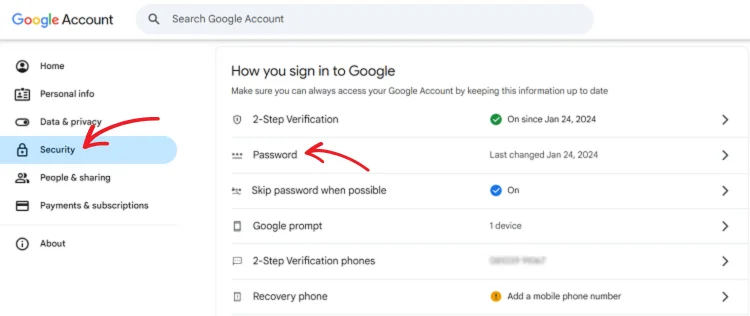 Google account security password