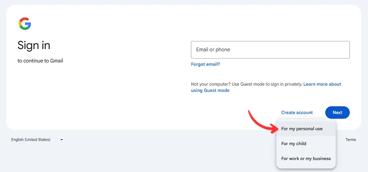 Create Gmail account for personal use