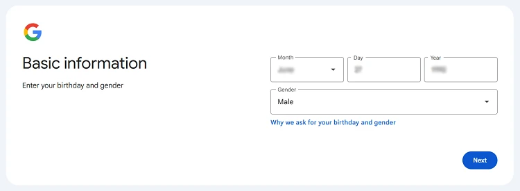 Gmail new account birthday gender