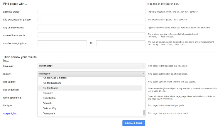 Google Advanced Search country filter