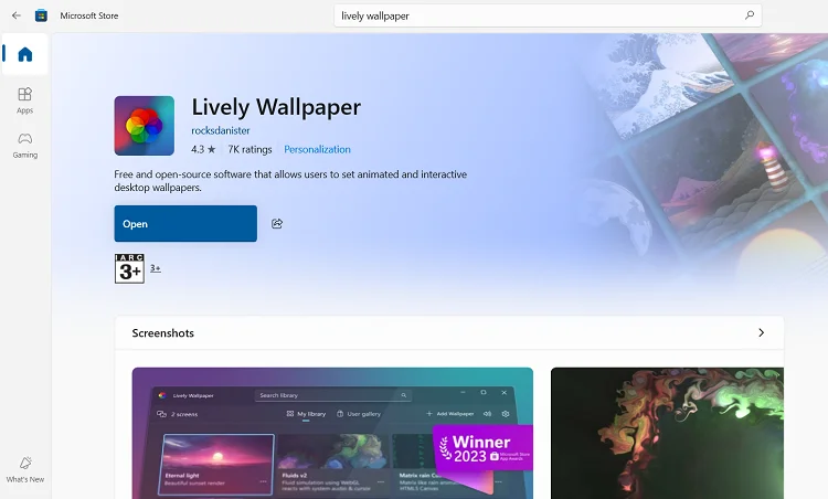 Lively Wallpaper app on Microsoft App Store
