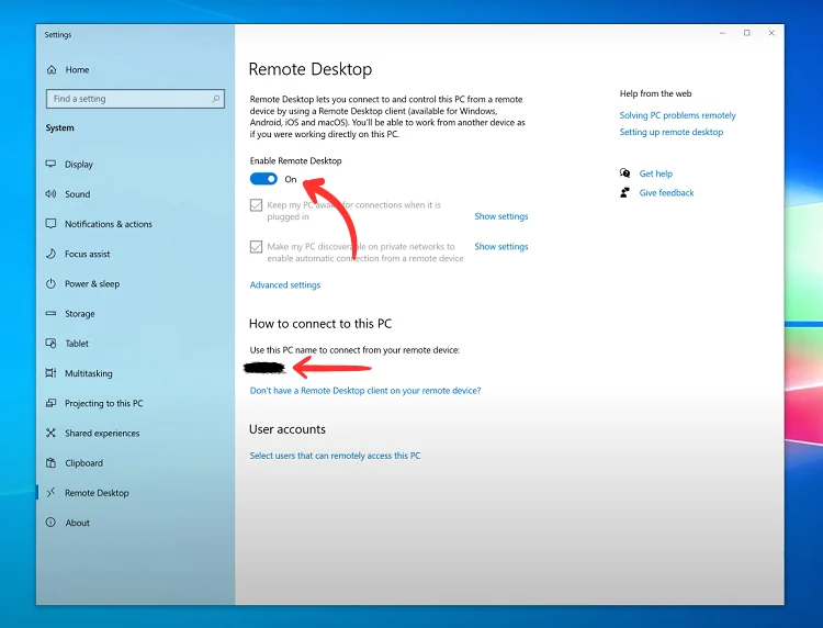 Turn on Remote Desktop toggle