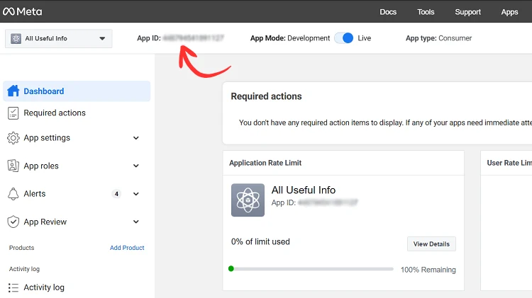 Copy Facebook app ID from app dashboard