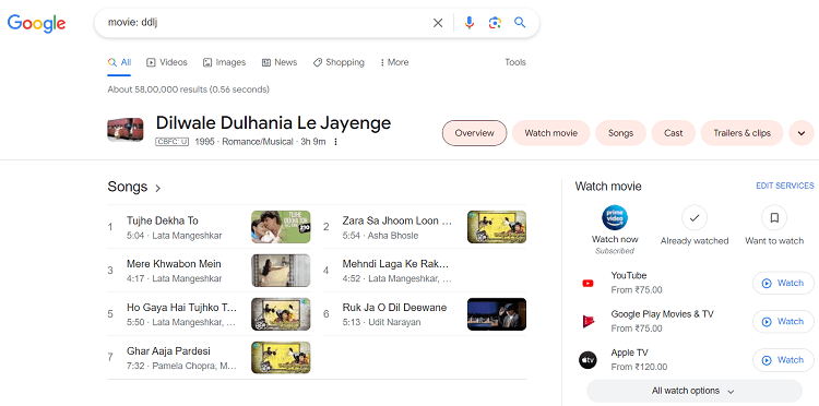 Movie search on Google