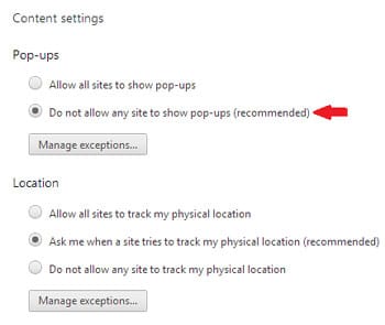 Disable Pop Ups