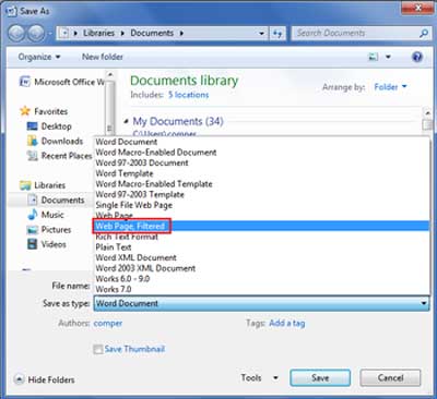 Save Word Documet as Web page