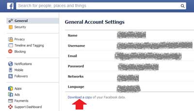 Download a copy of Facebook data