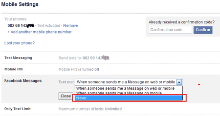 Turn off Facebook text messaging