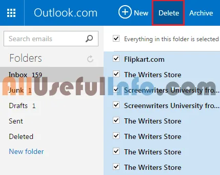 Delete all mails from Outlook Inbox