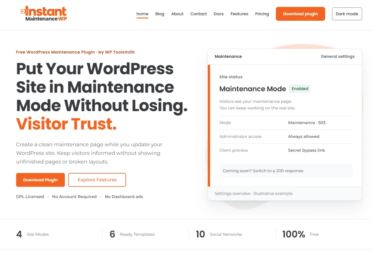 Instant Maintenance WP plugin