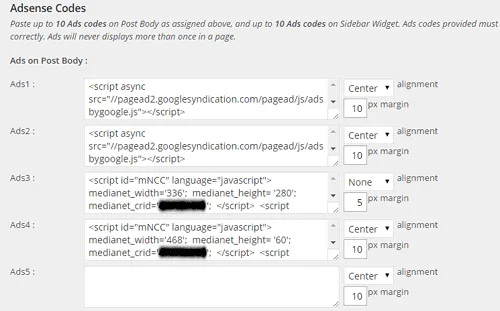 Insert ad codes in Quick Adsense Plugin