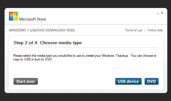 Choose Media Type in Windows 7 USB/DVD Tool