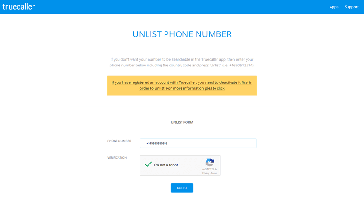 Truecaller unlist