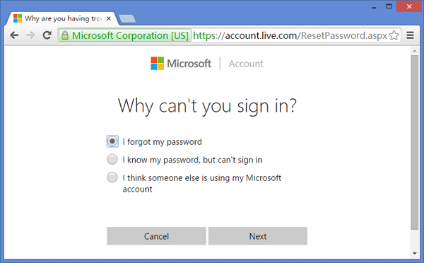 Reset Microsoft account password