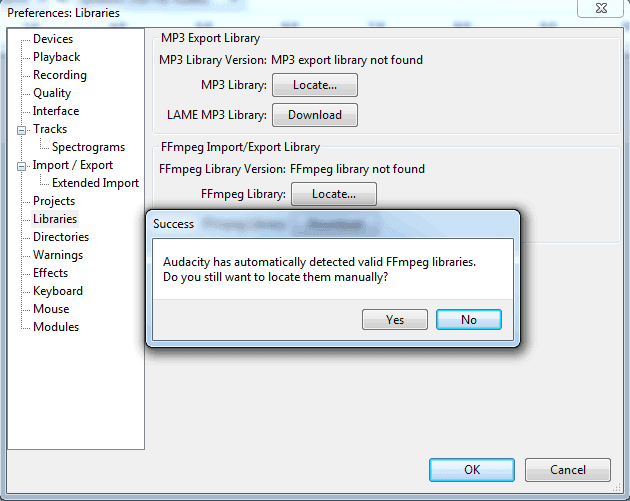 can audacity install the optional ffmpeg library