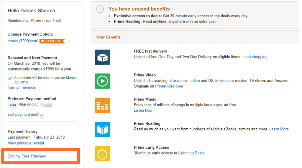 how to end amazon prime free trial