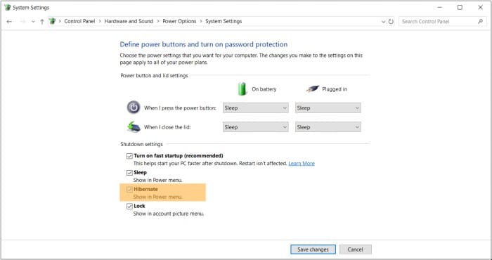 Turn on Hibernate mode in Windows 10