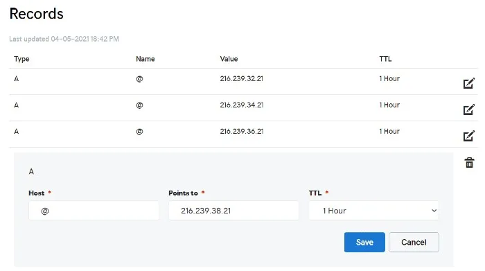 Add A records that point to blogger IPs