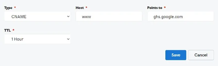 CNAME record in GoDaddy for Blogger