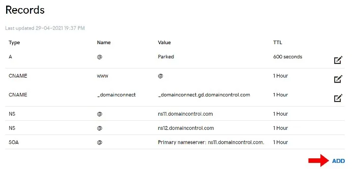 DNS records in GoDaddy