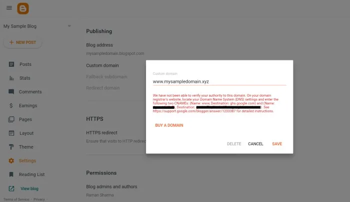 Setup your custom domain to Blogger