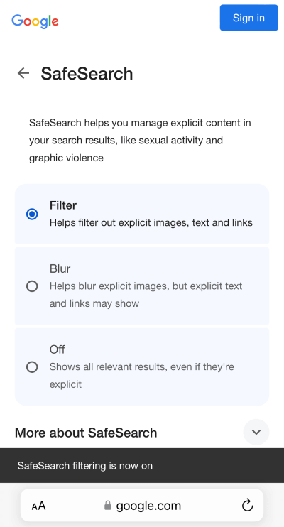 Google SafeSearch mobilböngésző