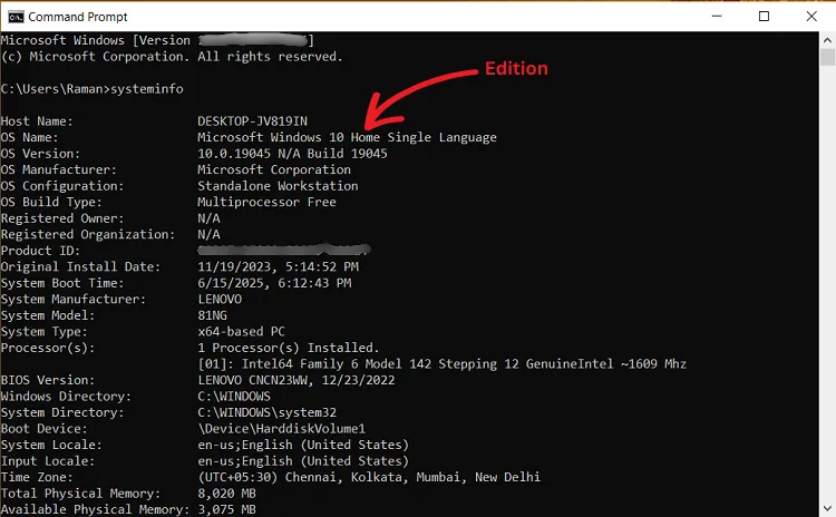 Check Windows version and edition using Command Prompt