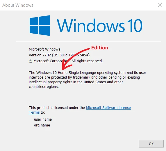 Windows edition using winver command
