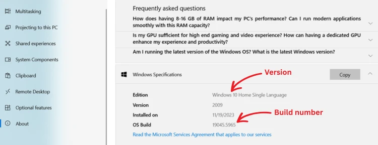 Windows specifications