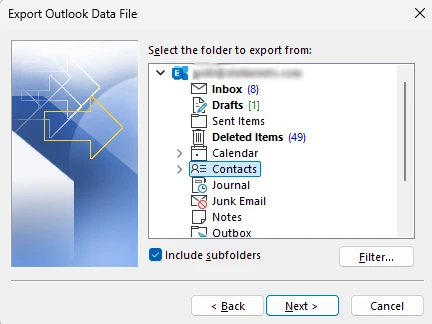 Export Outlook contacts in .pst format