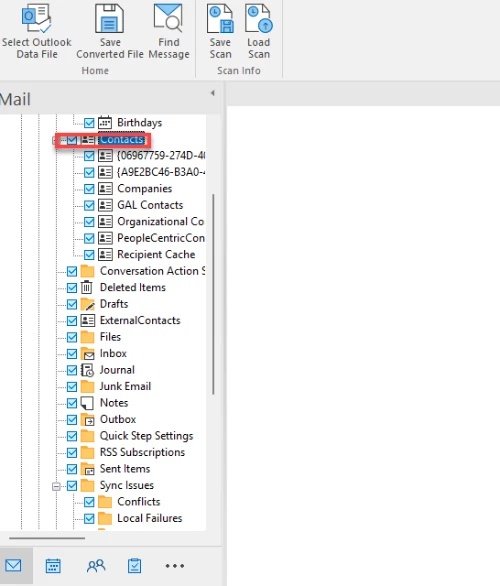 Outlook contacts preview to convert to PST