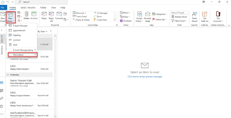 Outlook more items section