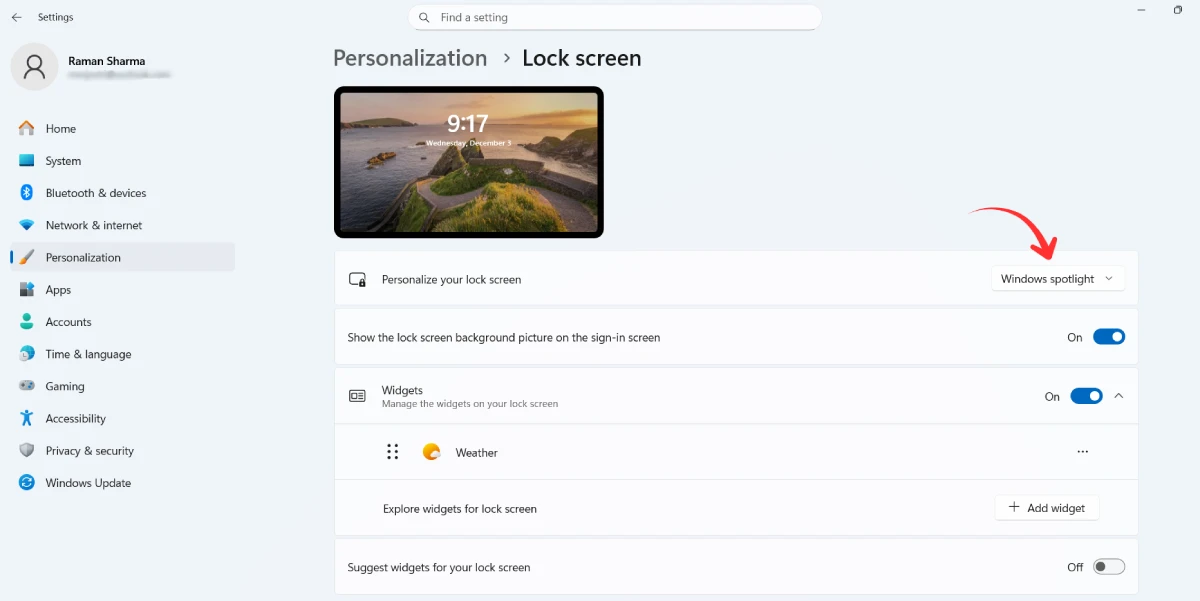 Lock screen personalization settings in Windows