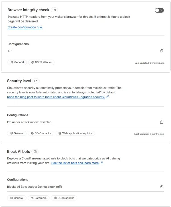 Cloudflare bot control settings