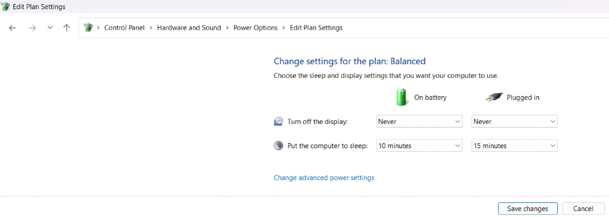 Never turn off display setting in Control Panel
